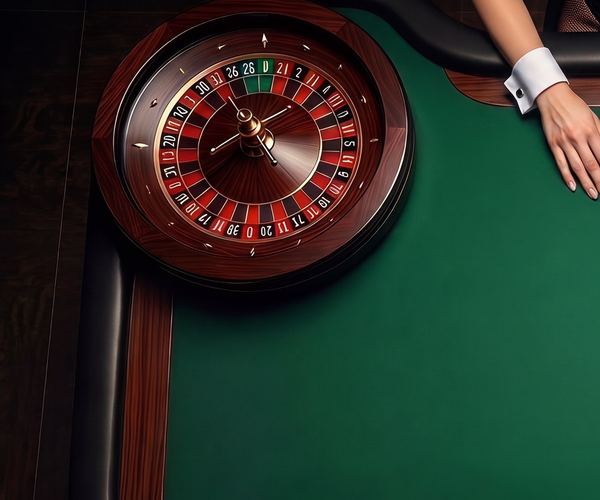 緑の羅紗の上で回るルーレットの円盤と、玉を投げるディーラーの手